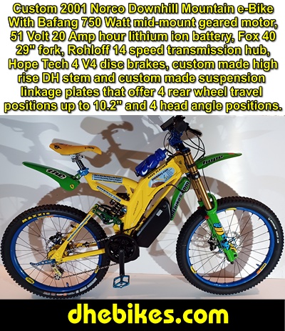 Visit dhebikes.com for custom made to order mens and womens electric downhill mountain bikes, electric motor kits, custom paint and custom machining like on this 2001 Norco Downhill mountain bike